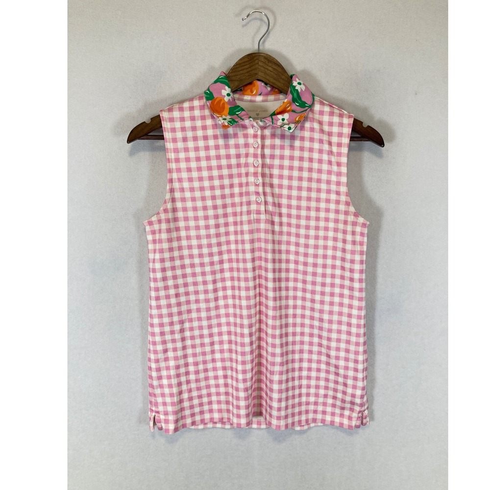 Preppy Draper James Lands End Womens Small Pink‎ Gingham Floral Collar Polo Tank